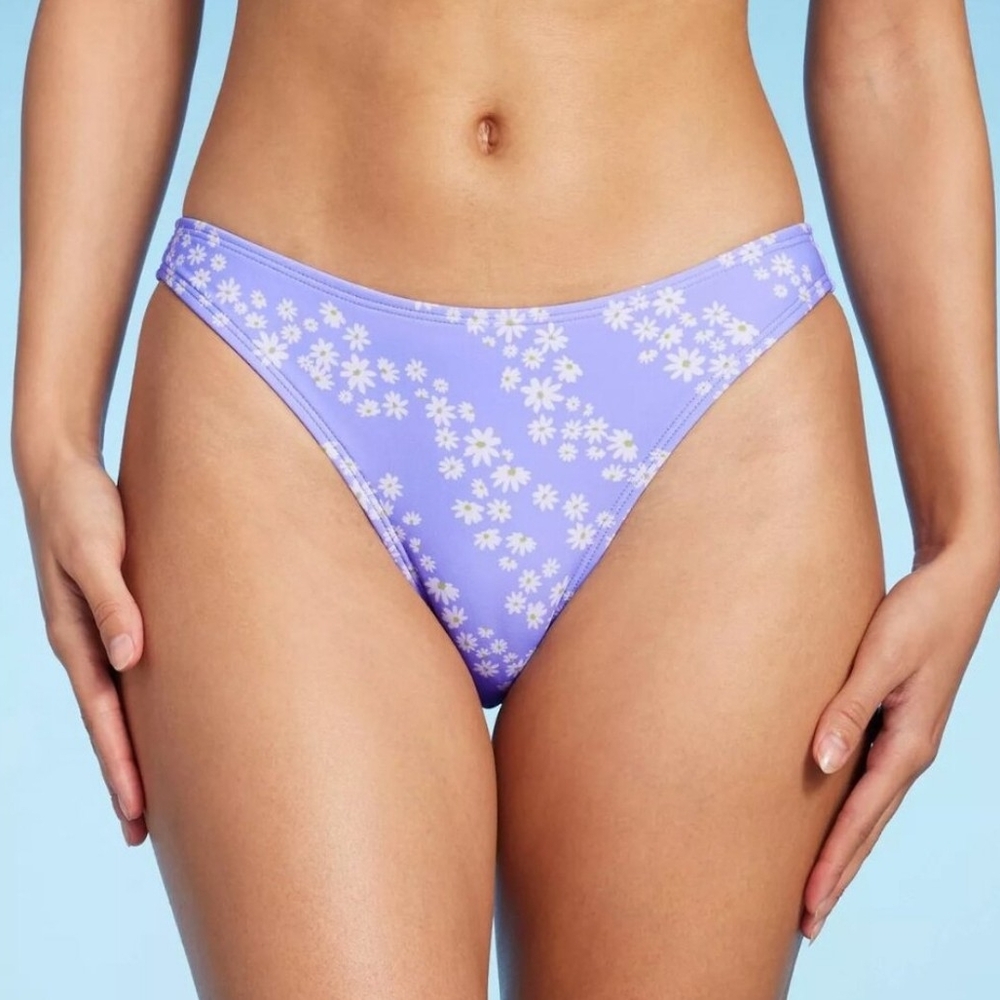 Purple & White- Floral Print Women's Bikini Bottom - Small